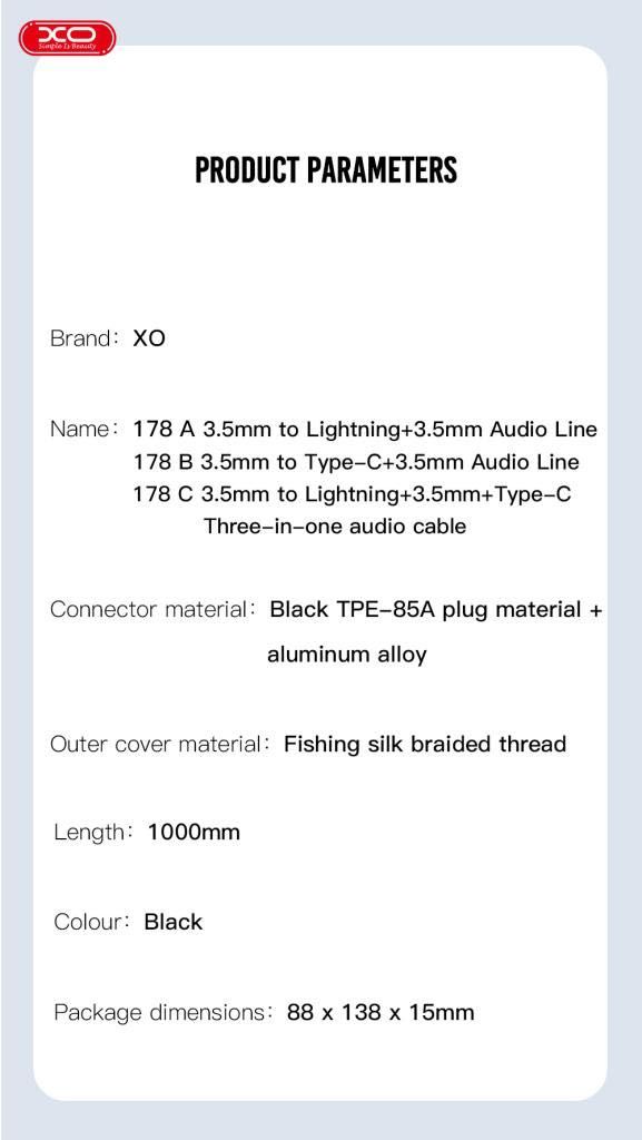 Преходник от 3.5mm към Lightning + 3.5mm/от 3.5mm към Type-C + 3.5m,XO