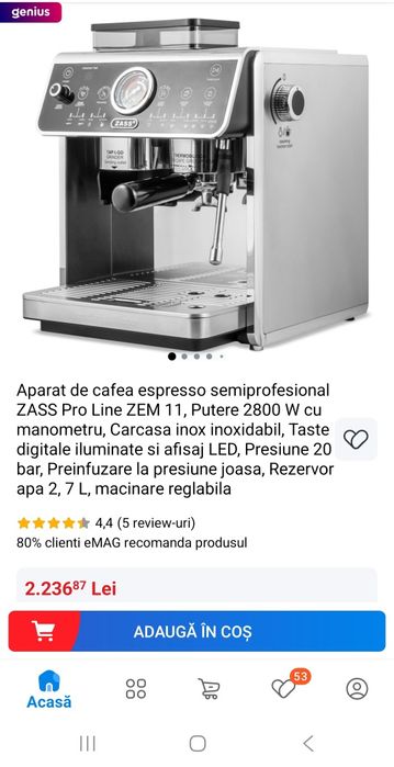 Aparat cafea espresso  ZASS Pro Line ZEM 11, Putere 2800w cu manometru