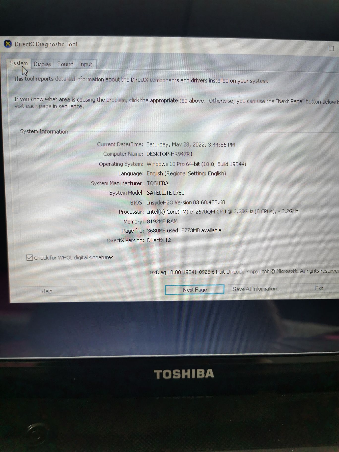 Laptop Toshiba  i7