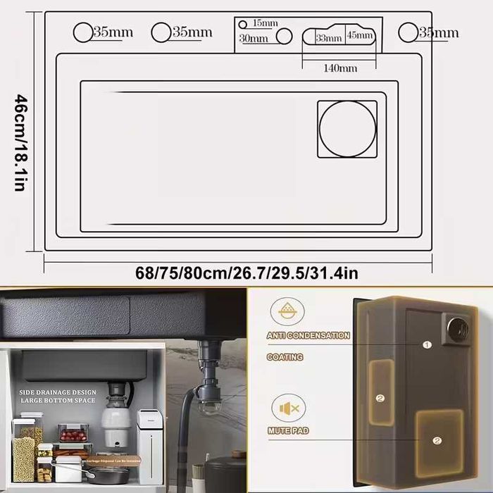 Луксозна голяма кухненска мивка със смесител и аксесоари 80см 75см