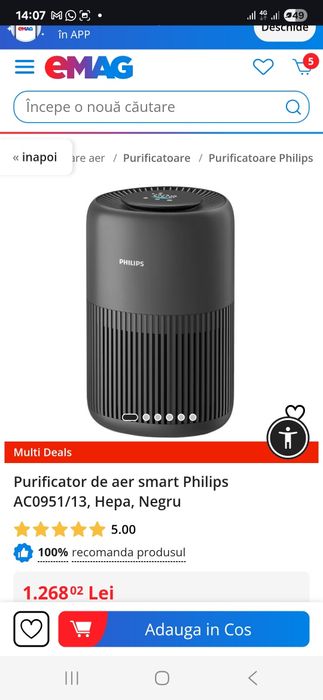 Purificator de aer smart Philips AC0951/13, Hepa, Negru, SIGILAT