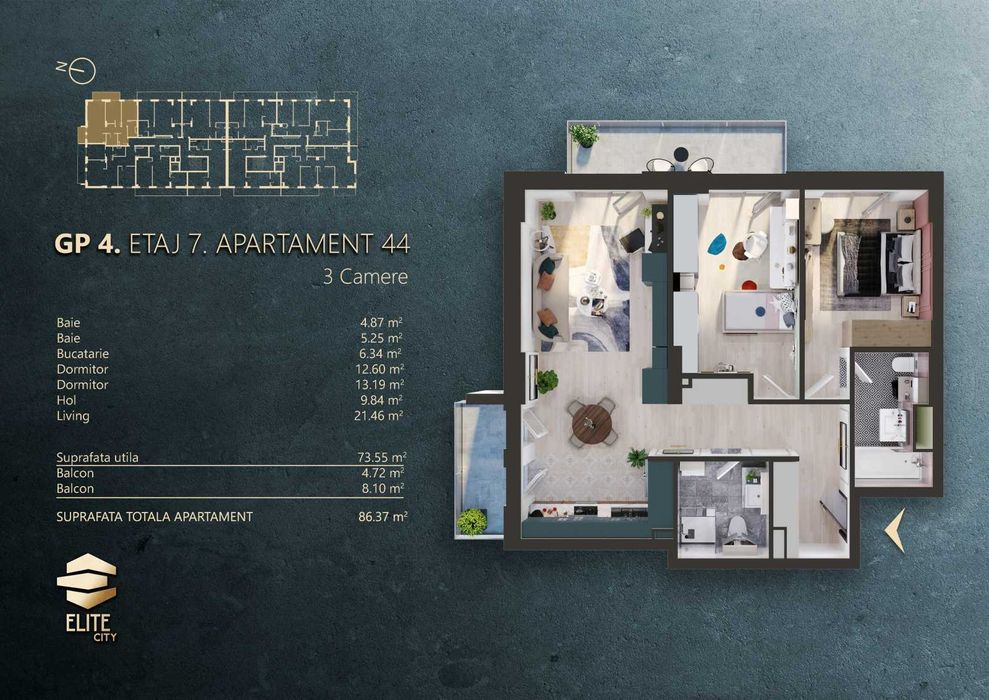 PF! Vand Apartament 3 camere cu 2 bai! La cheie! Elite City