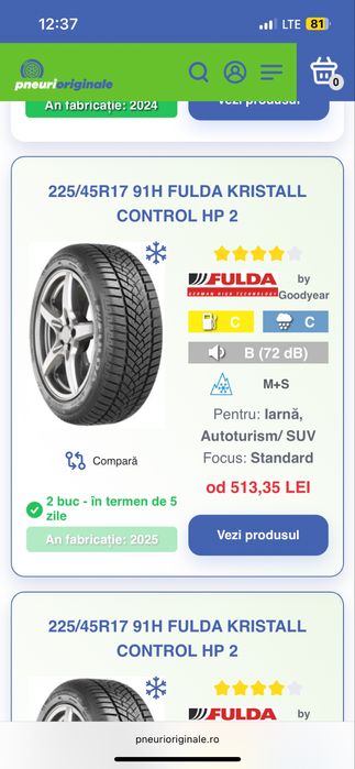 Vand 4 Anvelope Fulda Kristall Control hp2 225/45/17 - 6MM profil