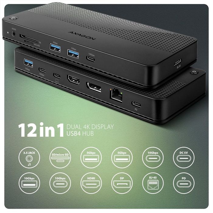 Docking station Axagon HMC-U4, 40Gbps DUAL 4K DISPLAY 12in1 dock