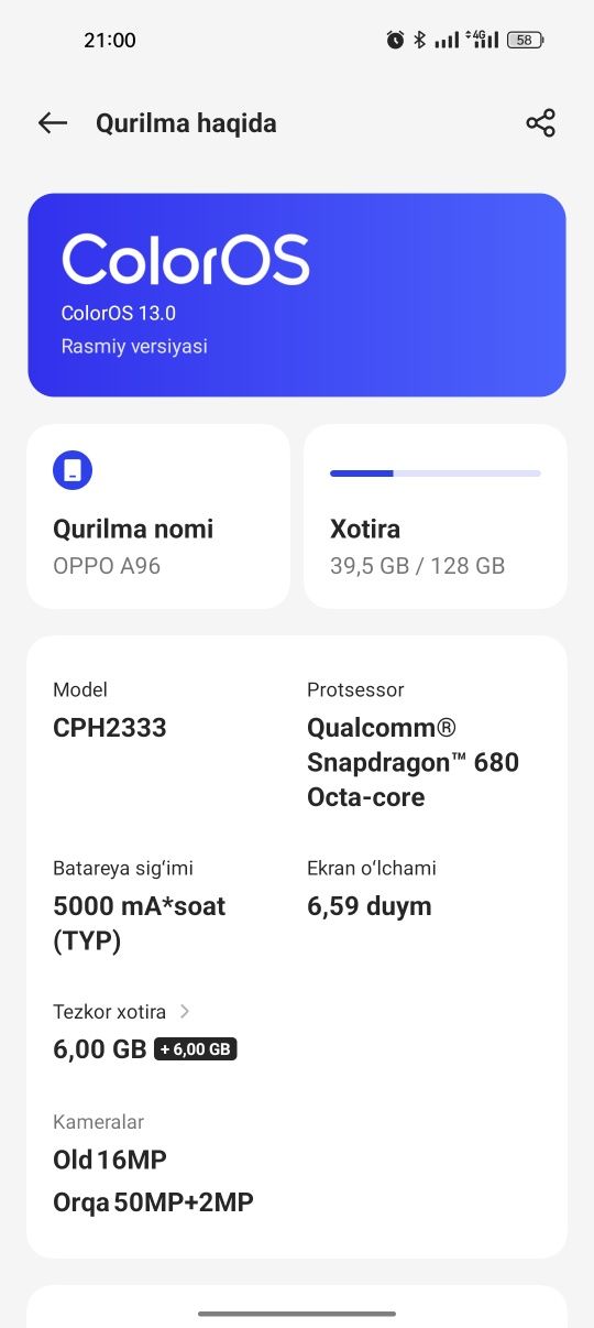 Oppo a96 128/6 gb
