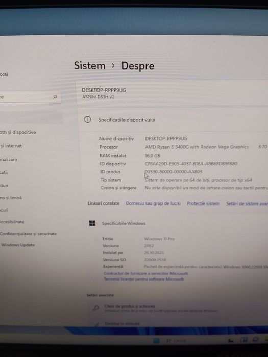 Unitate calculator +monitor led AMD ryzen 5 3400g ,16 GB RAM ssd 512 g