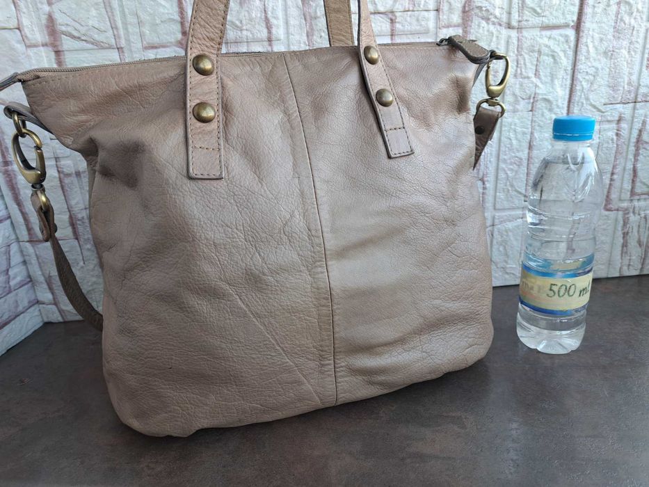 дамска чанта,бежова кожена торба-естествена кожа