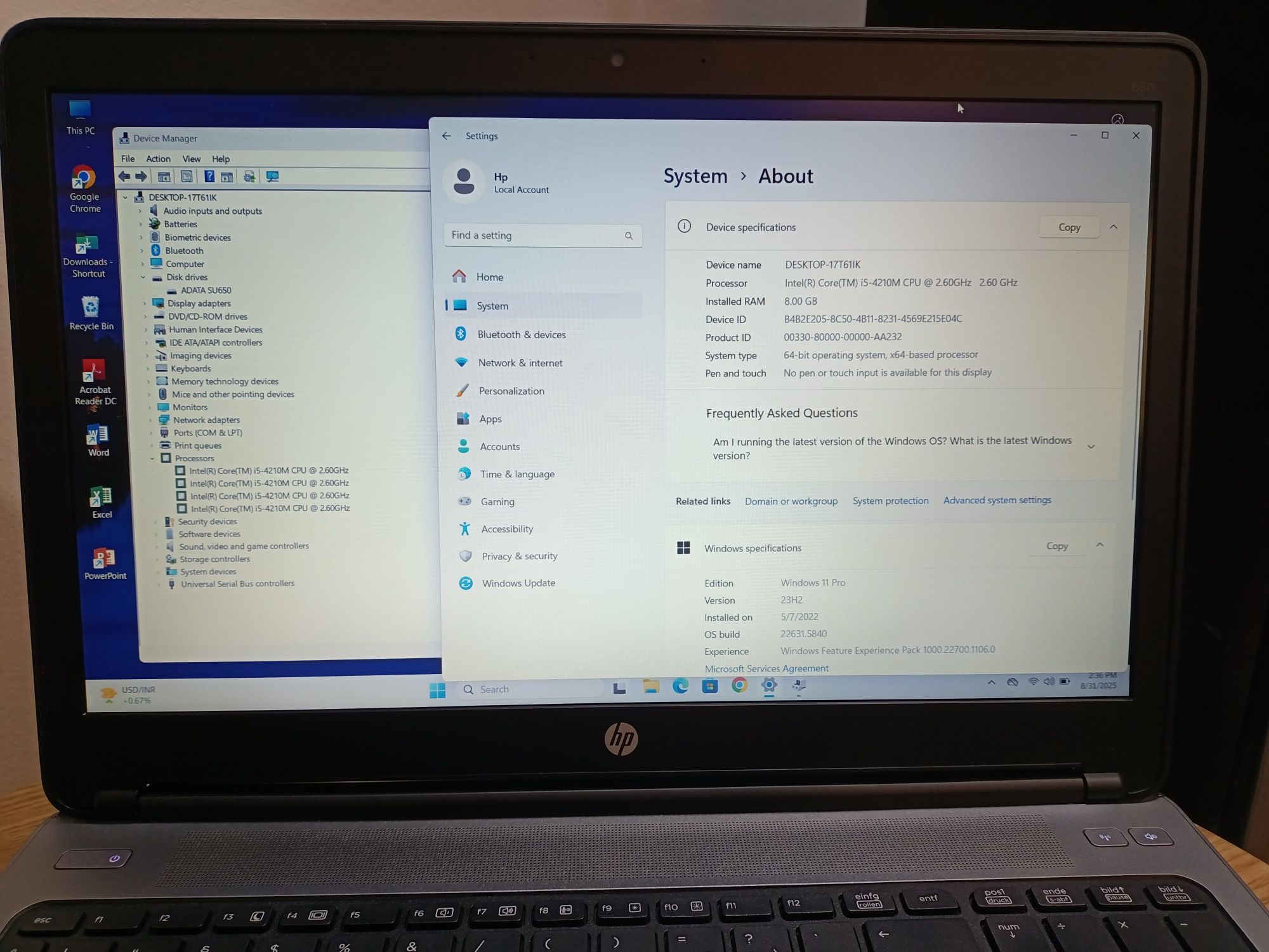 Laptop HP ProBoock i5 Windows 11 ssd 256 gb