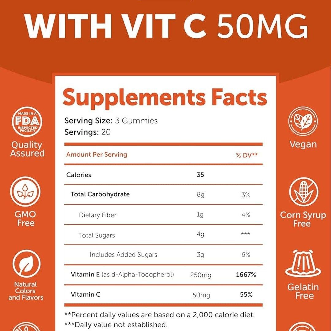 Vitamin E Gummies with Vitamin C - Tastiest Proprietary Formula - 250m
