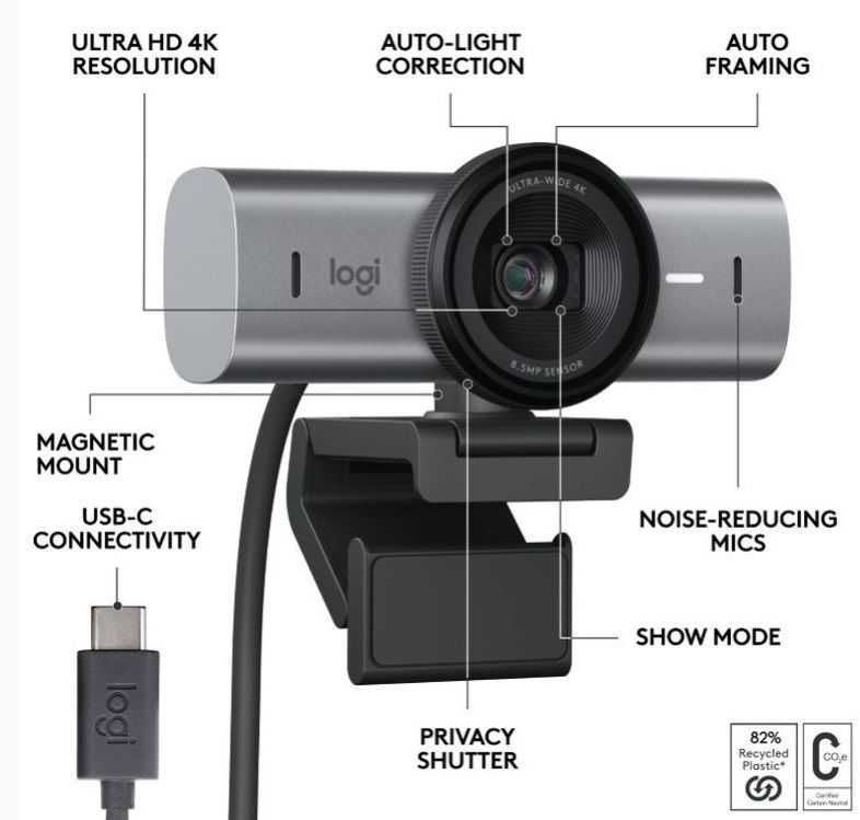 4K ULTRA HD Уеб камера Logitech - MX Brio, Графит