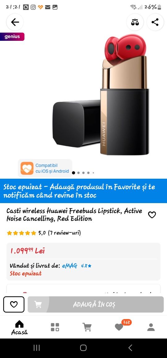 Casti wireless Huawei freebuds lipstick