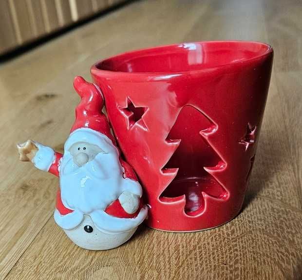 Свещник керамичен Коледен + Свещ дядо Коледа + късметче