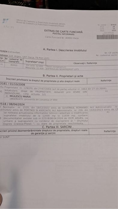 Proprietar Vand Teren Extravilan Autostrada Bucuresti -Pitesti km 104