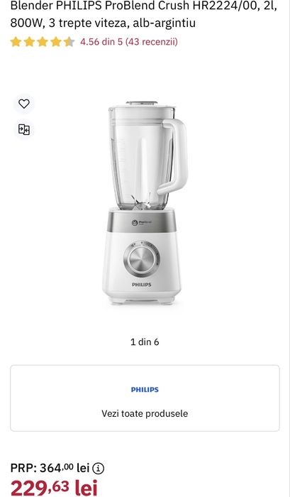 Blender Philips 800W ProBlend Crush, 2L, 3 viteze, Alb-Argintiu