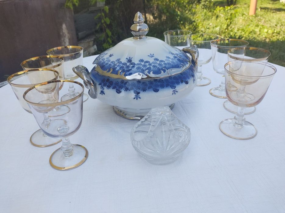 Set condimente vechi antic H&C Chodau german nemtesc si supiera pahare