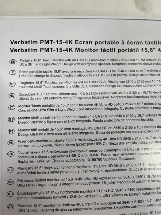 Monitor portabil Verbatim PMT-15-4K cu Ecran Tactil 15.6" -A-