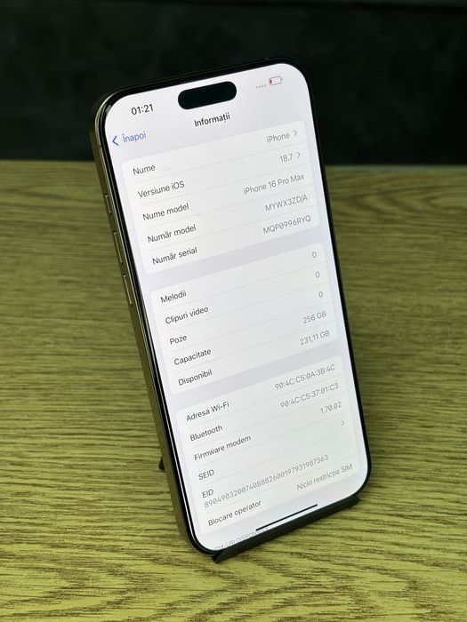 iPhone 16 Pro Max, memorie internă 256GB, sănătate baterie 98%