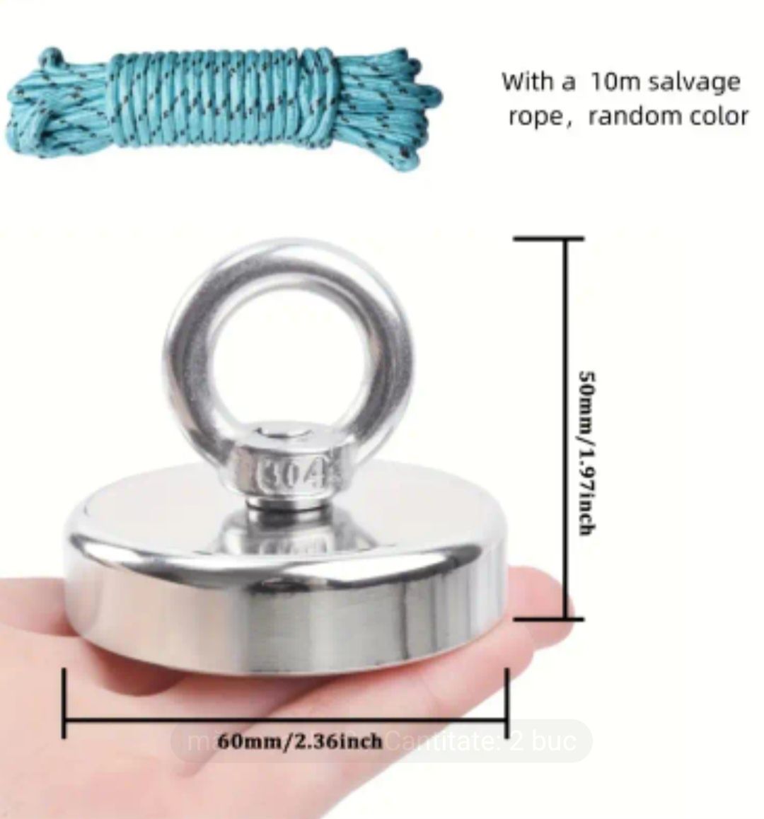 Set magnet fishing neodim D60mm cu forta de taragere 100kg +10m frangh