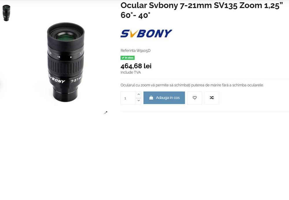 Ocular zoom Svbony 7-21mm SV135 1,25” 60°- 40° pentru telescop