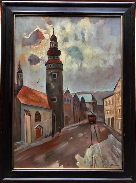 Tablou f vechi,”Citadina orientala”- ulei/carton, semnat. 62x45cm+rama