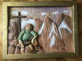 Tablou,panoplie tiroleza,Tirol,alpinist pe munte,sculptata in lemn