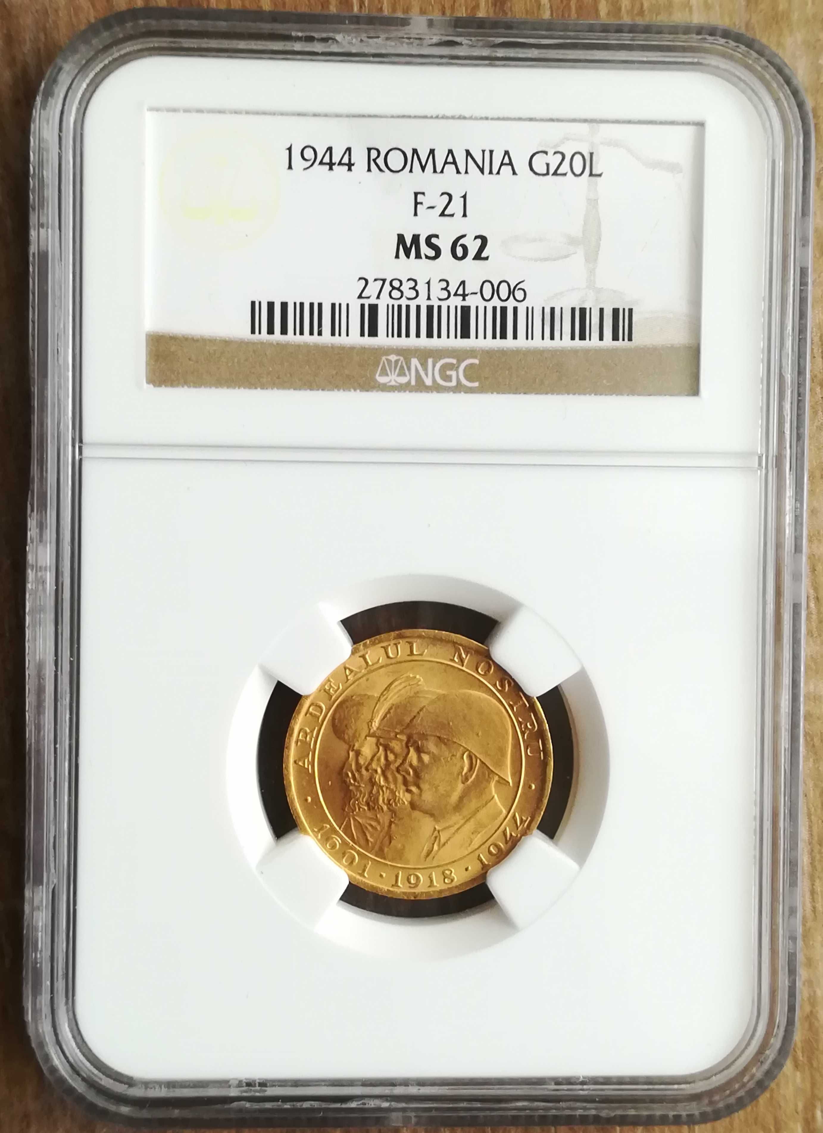 Moneda AUR 20 lei 1944 Ardealul Nostru MS64, MS63, MS62, MS61