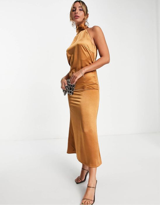 Кафява/оранжева рокля миди рокля сатенирана