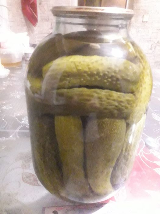 Огурцы домашние 3 литровых банках. Очень вкусные.