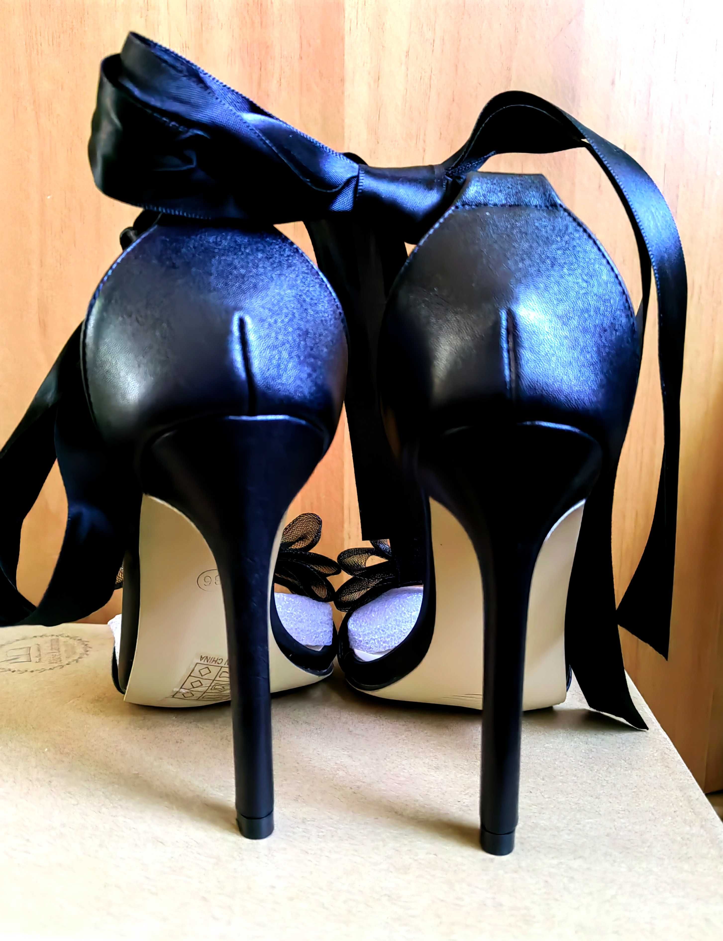 Sandale stiletto noi elegante cu fundă culoare negru