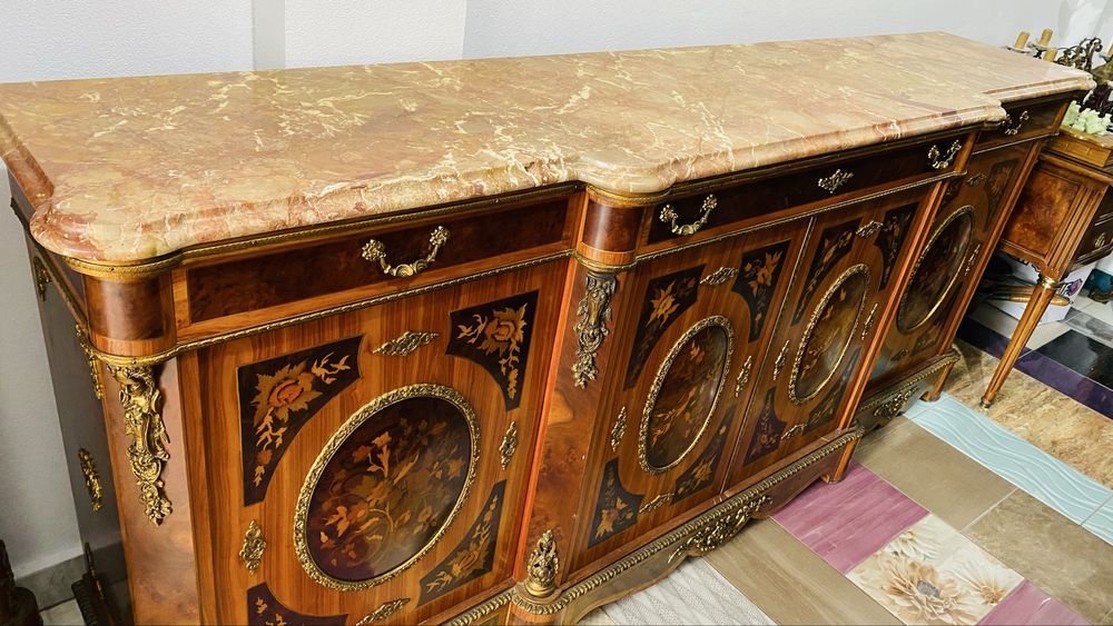 Comoda Mare Vintage Bronz Lemn Masiv Marmura Intarsie Antic