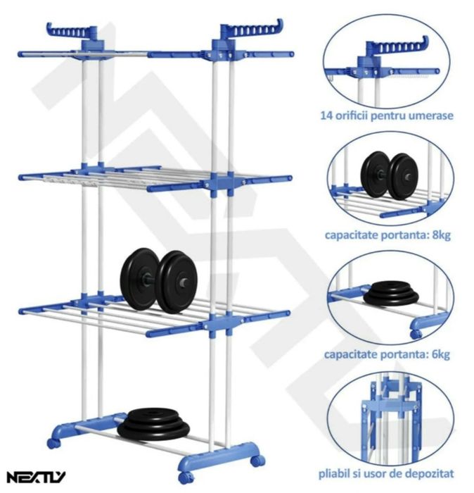 Uscator pentru rufe pliabil cu 3 nivele și 2 suporți pentru umerase