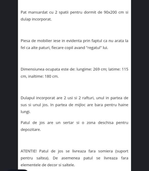 Pat supraetajat alb + saltea, design spațios, stare foarte bună