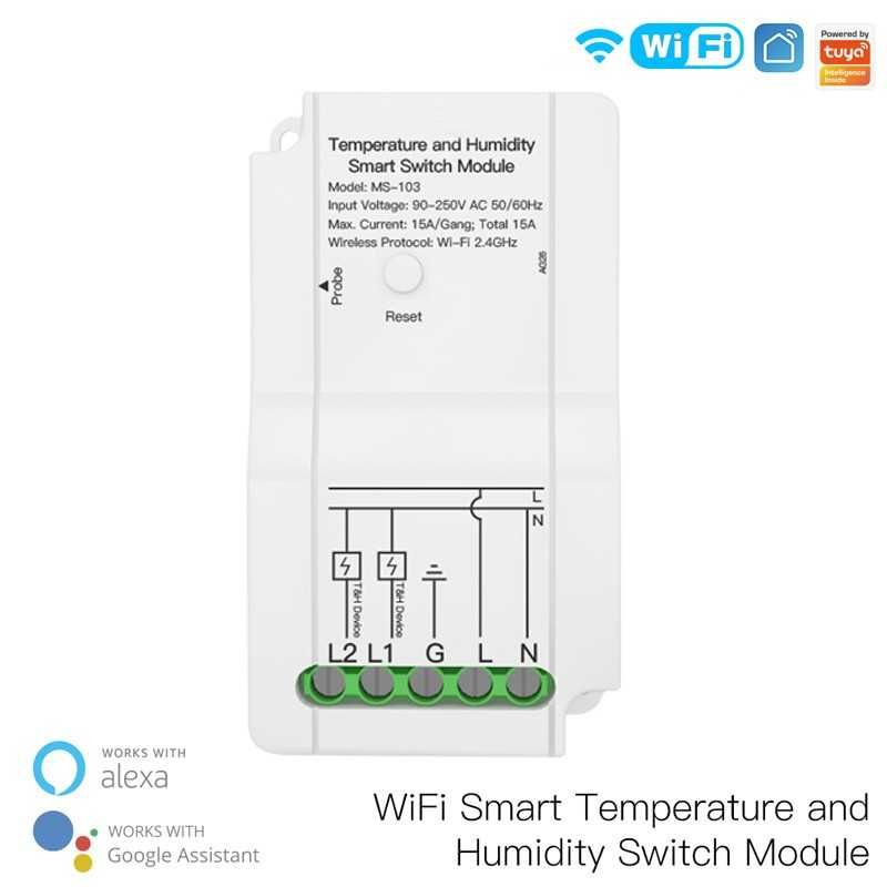 Tuya MS-103 WiFi Двуканален прекъсвач с опция ТЕРМО / ВЛАГО РЕГУЛАТОР