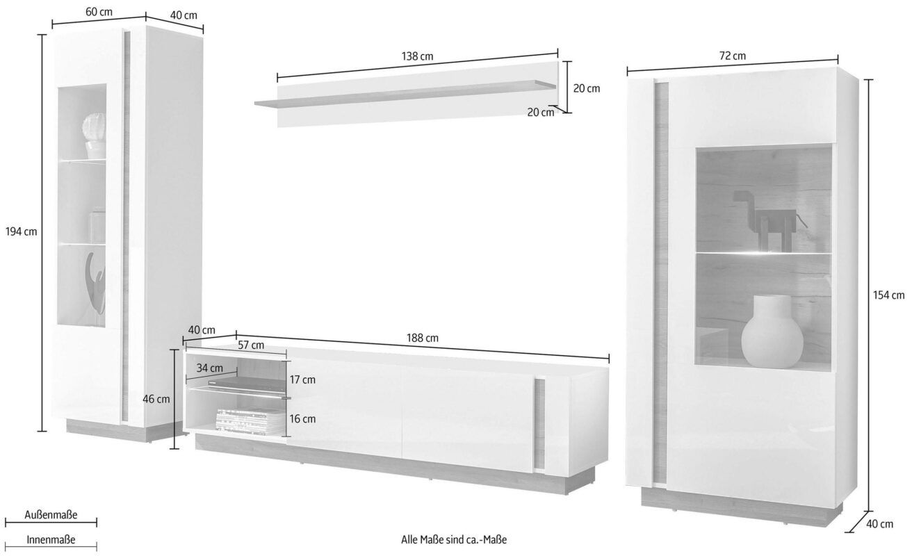 Set living Clair , patru piese , Alb lucios , 340 cm latime