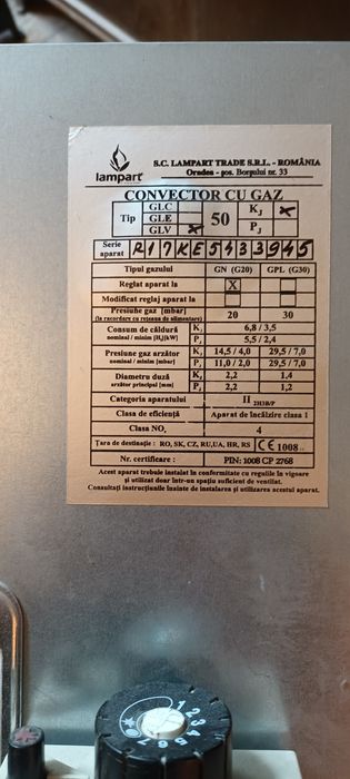 Convector Șimineu pe gaze Lampart LB 50 . 6,8 kw. La Coș Horn nou .