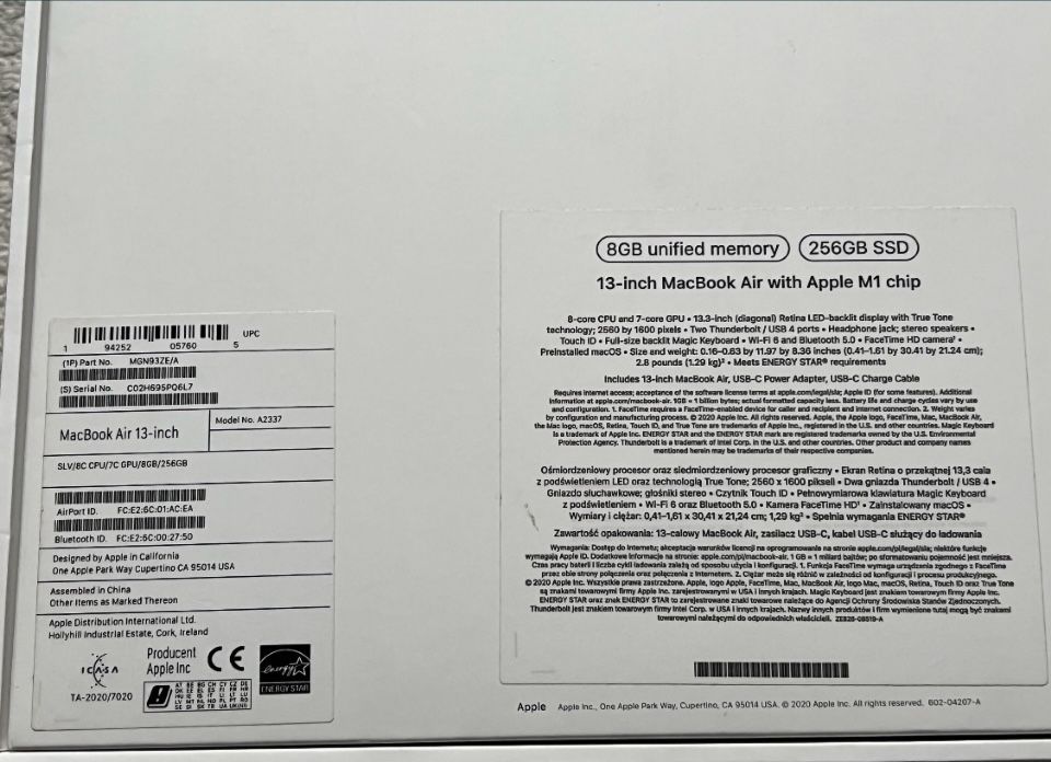 Macbook Air 13; Ml; 256 GB; 45 cicluri; Ca Nou