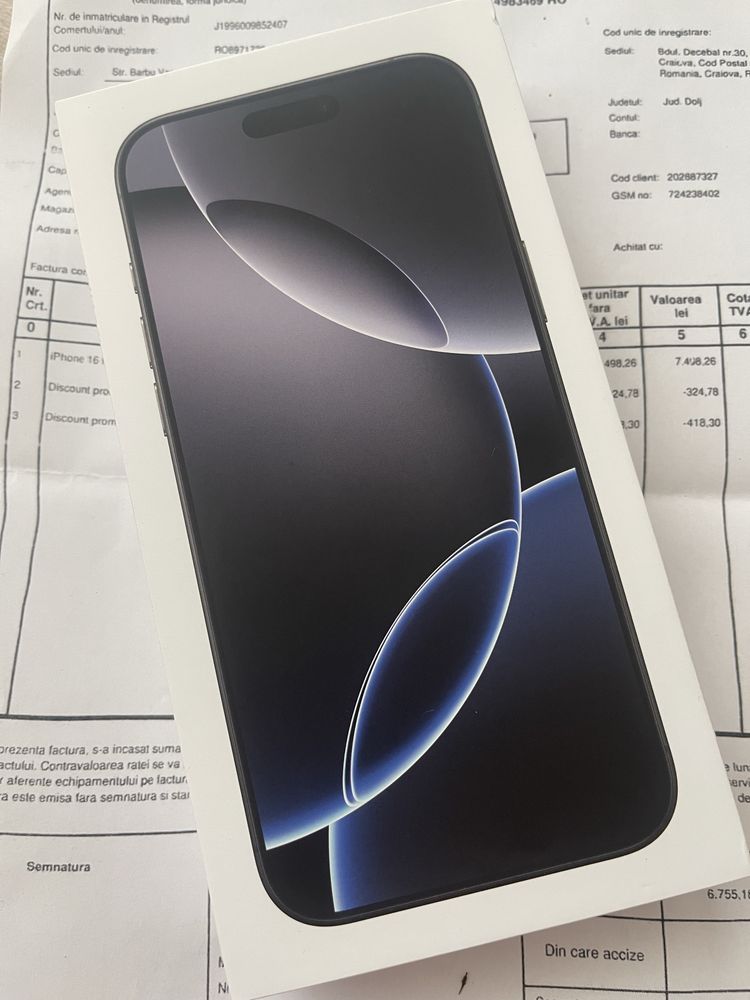 iPhone 16 Pro Max 256GB Black Sigilat Necodat Factura Garantie Nou