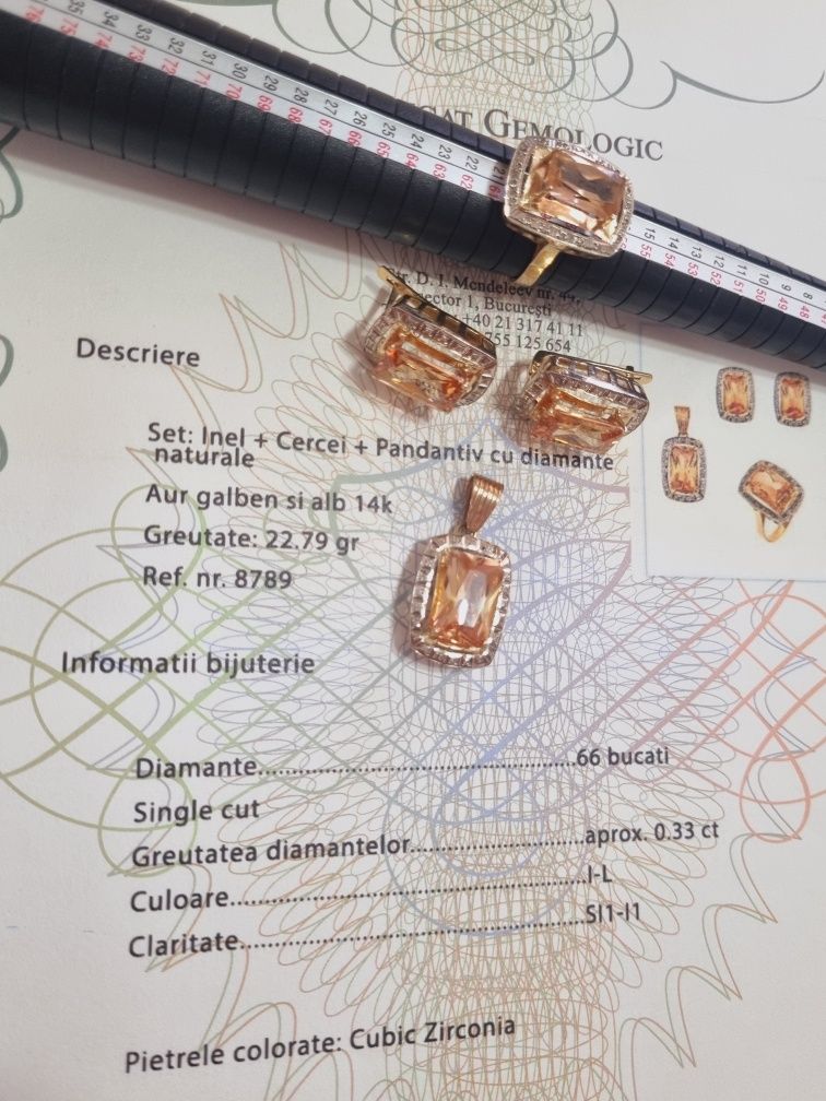 Set inel/cercei/pandativ aur 14k cu diamante  certificat