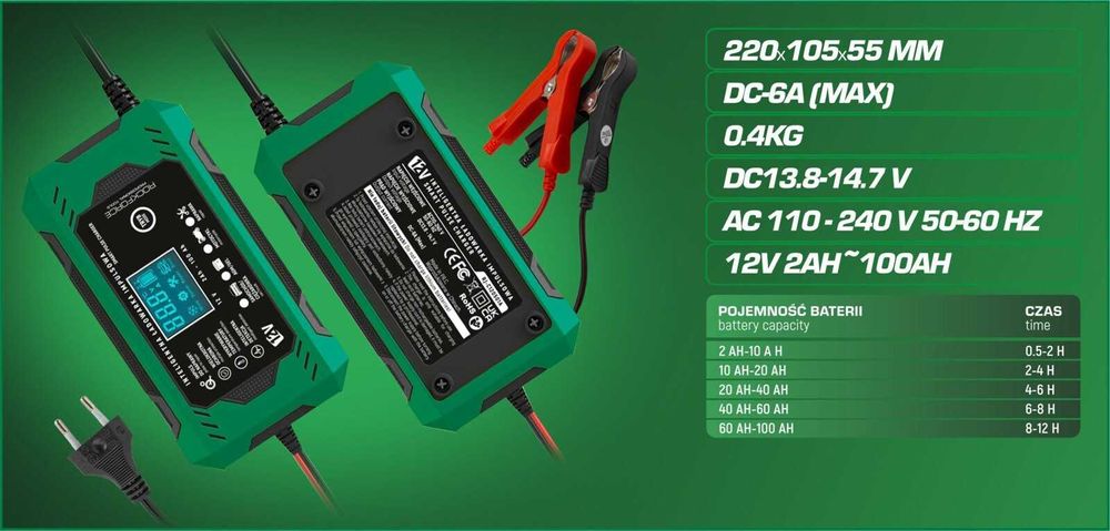 Зарядно устройство за акумулатор 6А , 12V , 2AH-100AH ,  ROCKFORCE