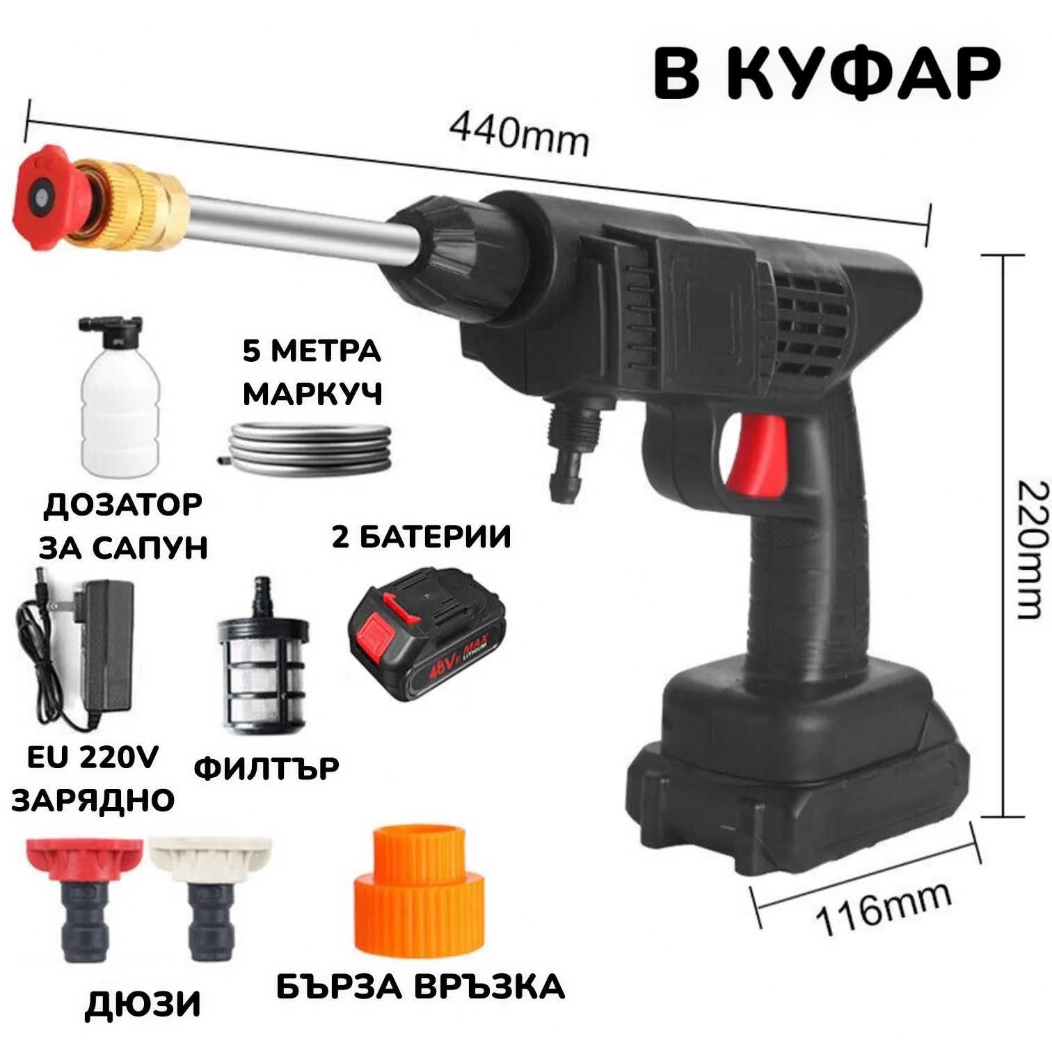 ПОДАРЪК Челник + 48V Акумулаторна Водоструйка с 2 Батерии в куфар