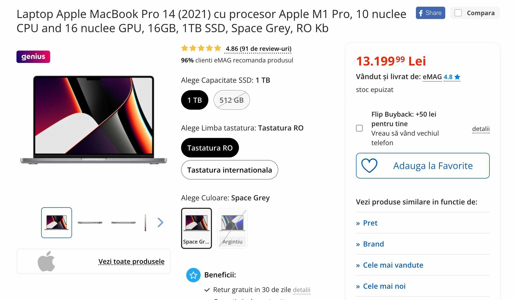 Vand Macbook Pro 14" M1 Pro 16GB RAM 1 TB Stocare Garantie 14 Iun 2025