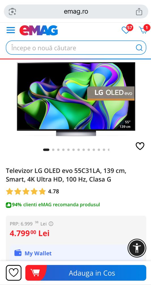Televizor LG OLED evo 48C31LA, 121 cm, Smart, 4K Ultra HD, 100 Hz, Nou