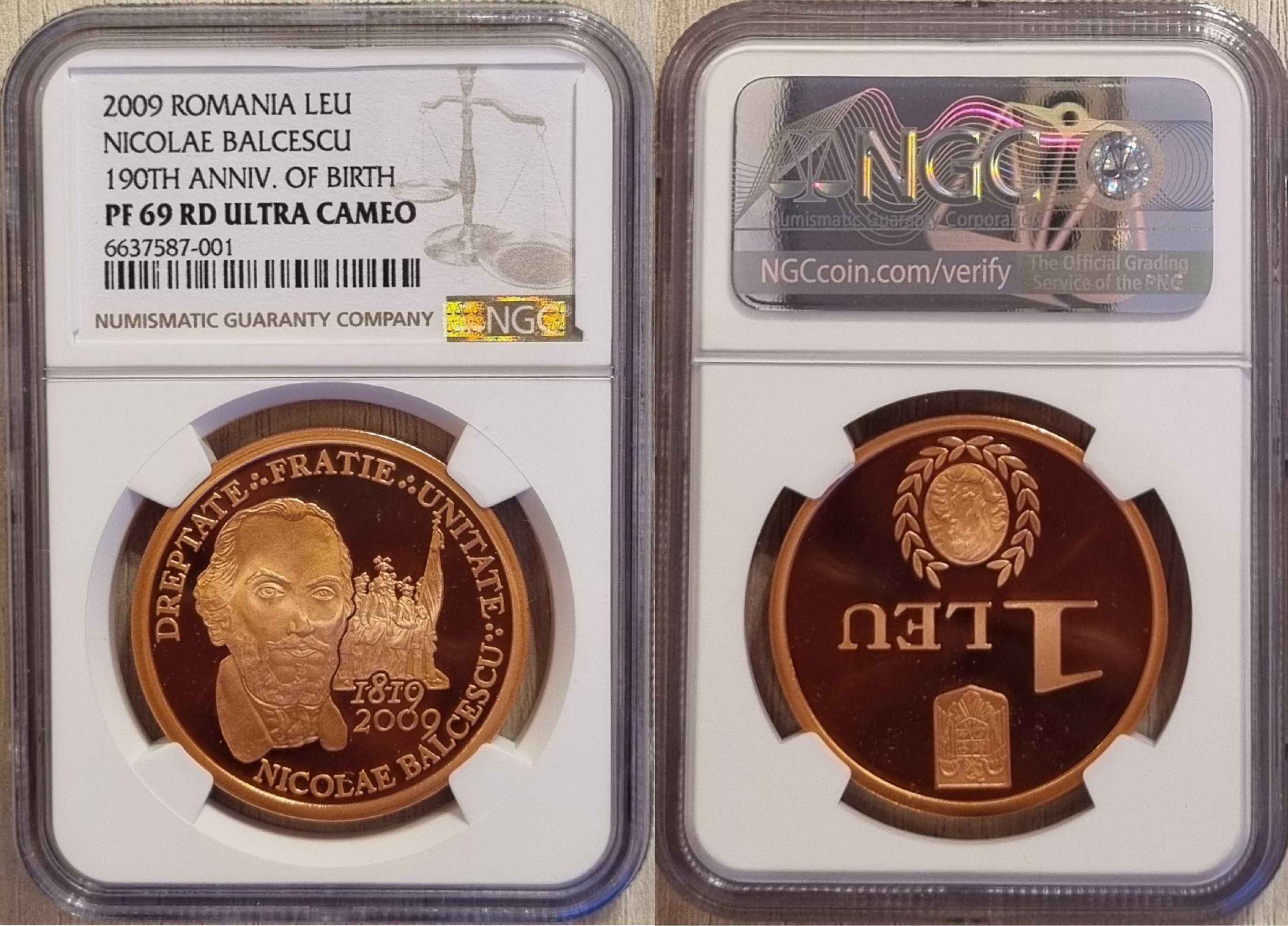 Moneda BNR 1 leu tombac Nicolae Balcescu gradata NGC PF 69 UC