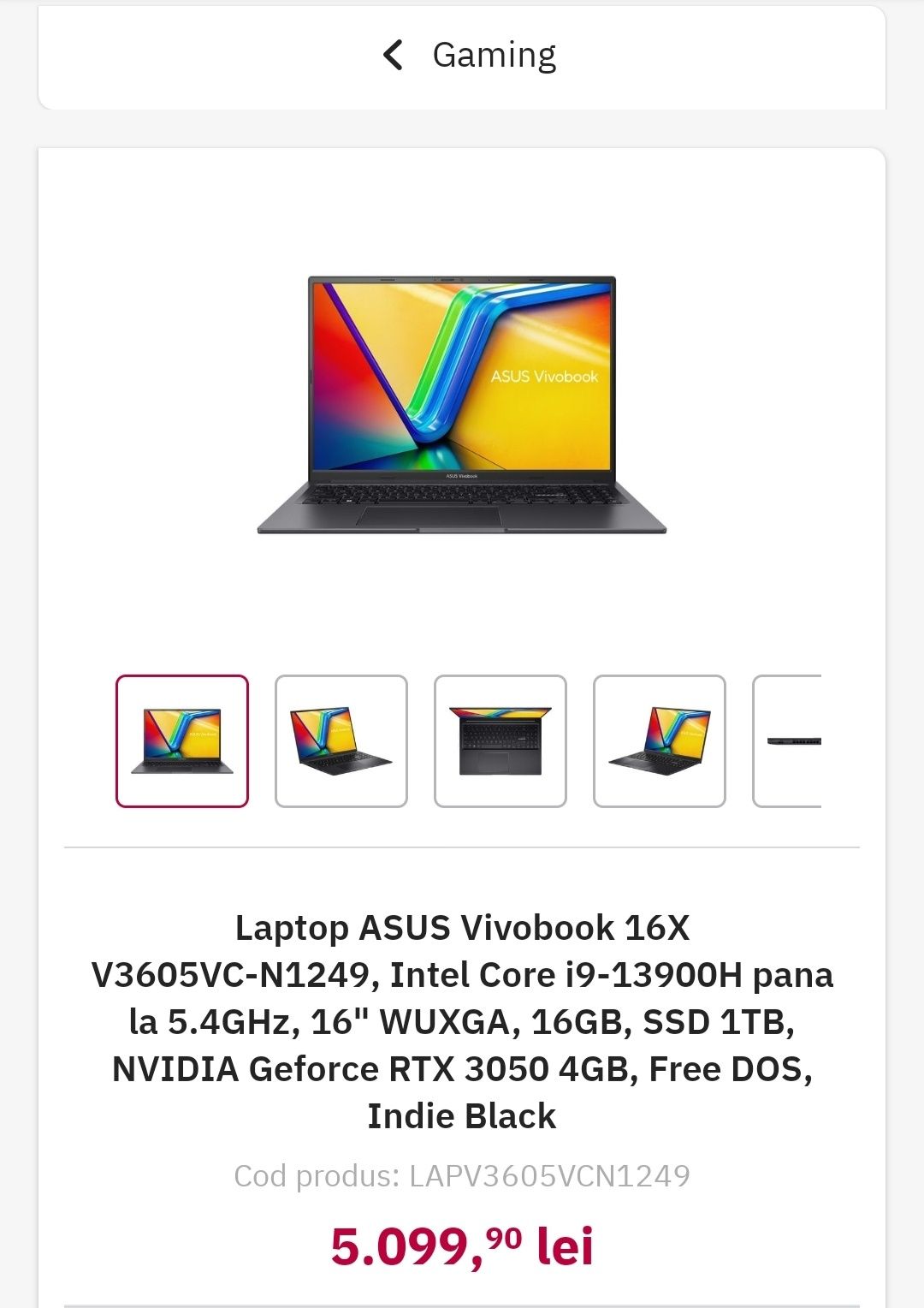 Laptop ASUS Vivobook 16X i9-13900H RTX 3050 4GB 120Hz 16 inch 16GB 1TB