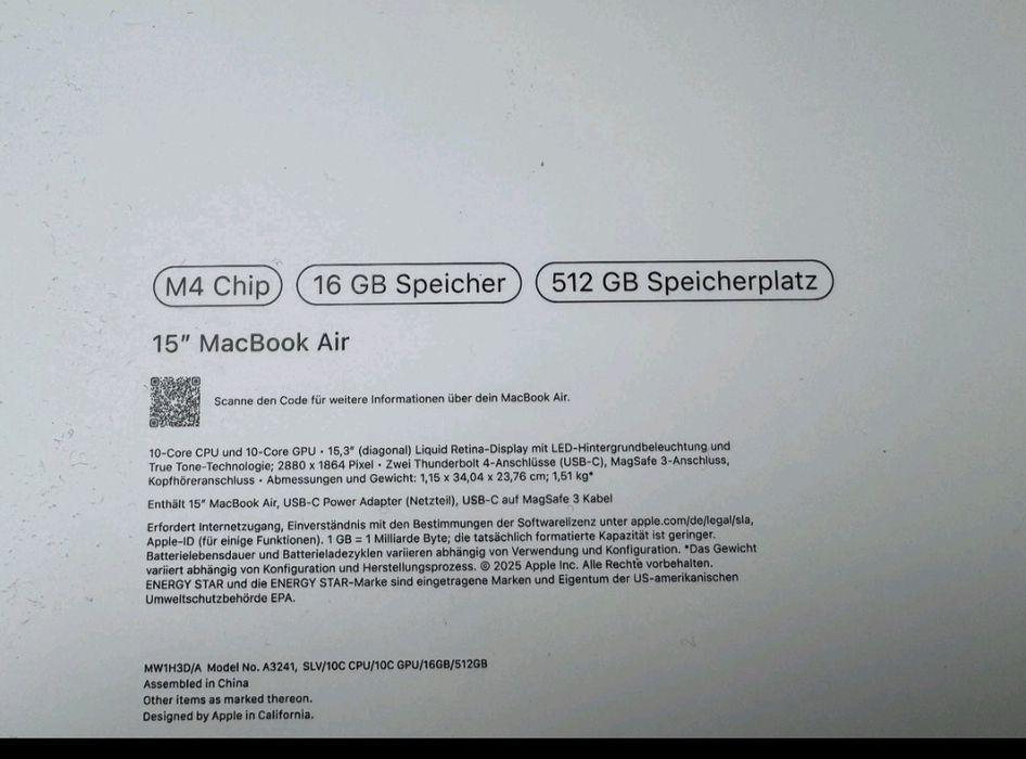 APPLE MacBook Air 13,6 Zoll 512 GB 16GB RAM Apple M4 MW133D/A Mitterna