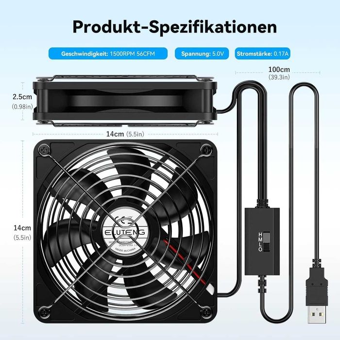 ELUTENG Ventilator USB dual 2in1 140mm 5V,3 viteze reglabile,carcasa