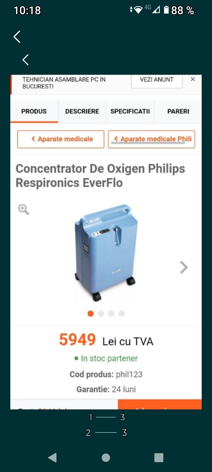 vând concentrator oxigen Philips