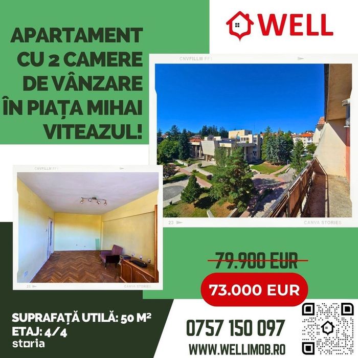 Apartament cu 2 camere de vânzare în Piața Mihai Viteazul!