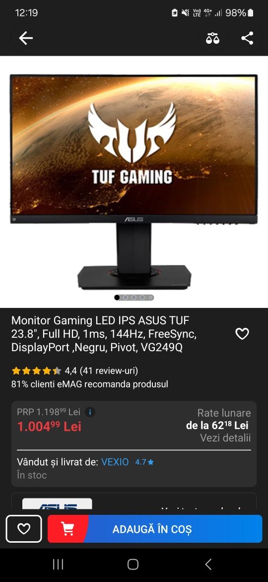 Monitor Gaming LED IPS ASUS TUF 23.8", Full HD, 1ms, 144Hz, FreeSync,