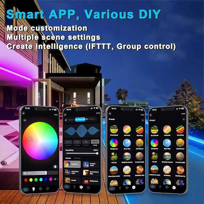 20M RGB LED неонови въжени светлини за открито, IP68 WiFi